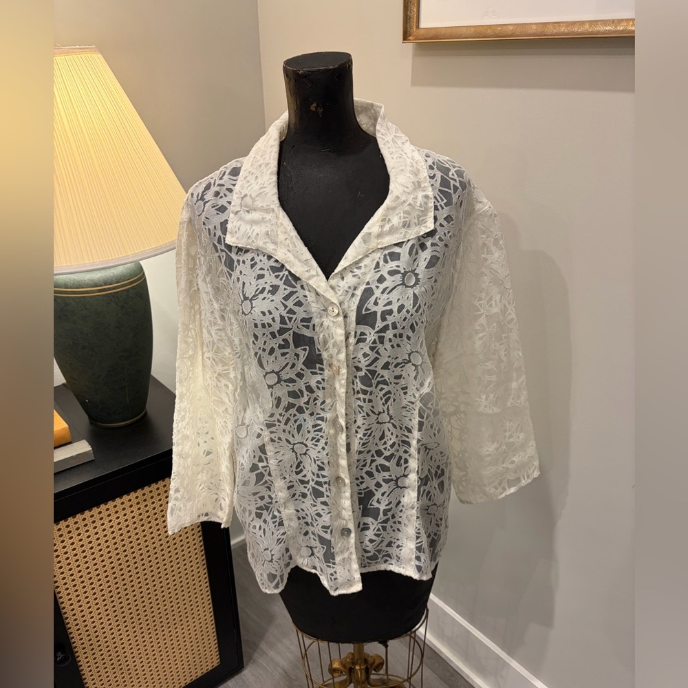 Cut Loose Romantic Cream Sheer Lace Relaxed Button-up Top Size XL Old Money
